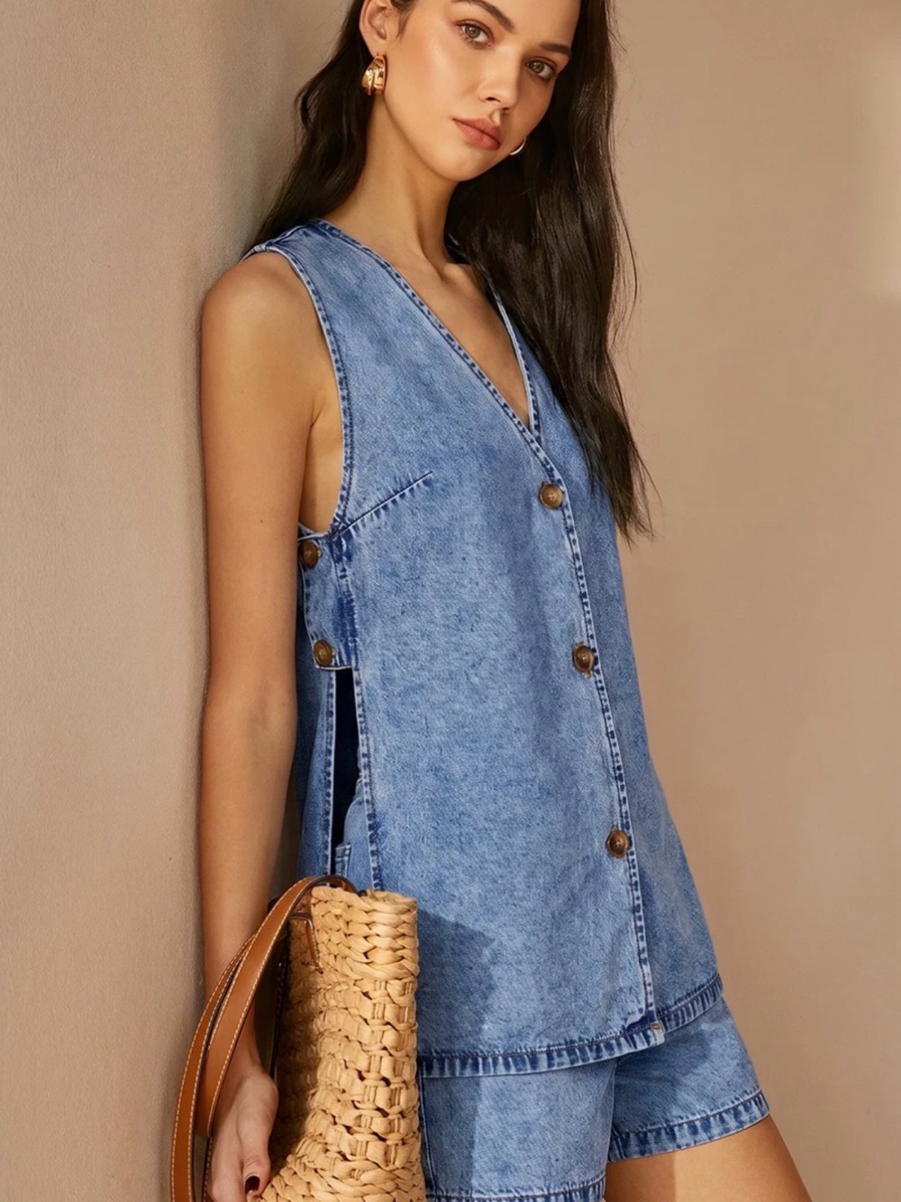 Side Slit Denim Vest & Drawstring Shorts Set